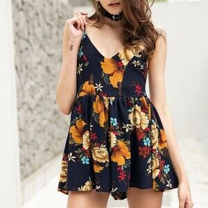 🌞 ZAFUL NWT Playsuit Romper Deep V Neck Bohemian Floral lined womens size S